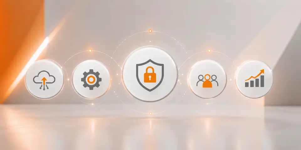 Minimal IT system icons representing cloud security analytics and consulting infrastructure