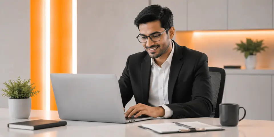 Business consultant working on robust IT systems in a modern corporate office
