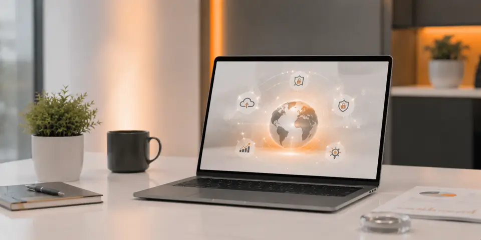 Modern consulting workspace with laptop displaying IT analytics and secure digital systems
