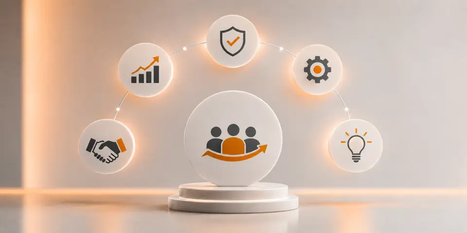 Minimal IT solution icons representing business growth security innovation and consulting success