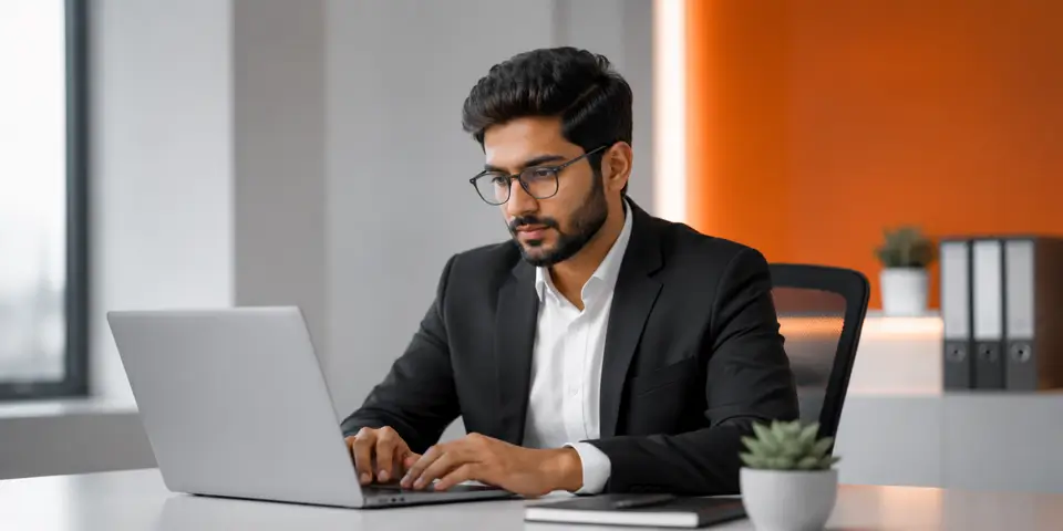 IT consultant working on cybersecurity and data protection systems in a modern office