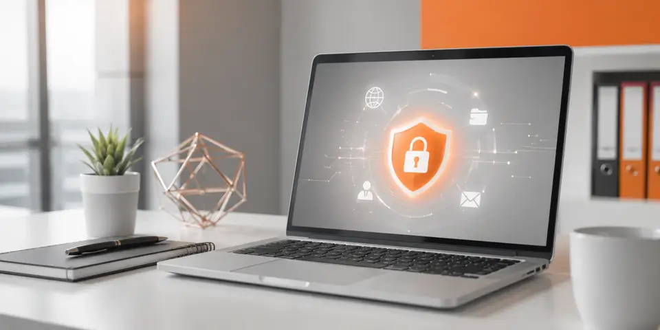 Modern office workspace with laptop displaying cybersecurity and consulting data protection visuals