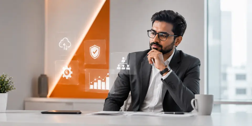 Business consultant analyzing future IT adoption trends in a modern corporate office