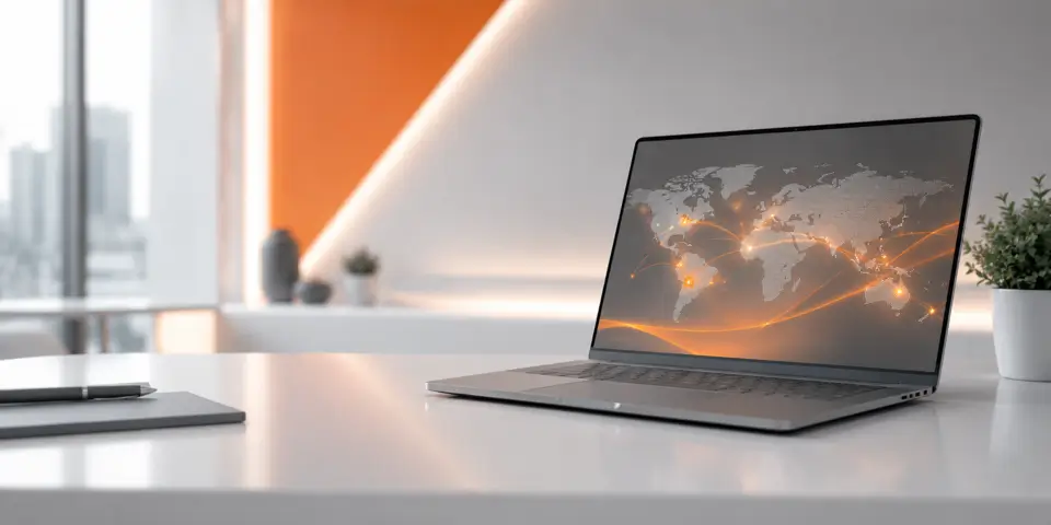 Modern consulting workspace with laptop displaying global IT connectivity and digital transformation