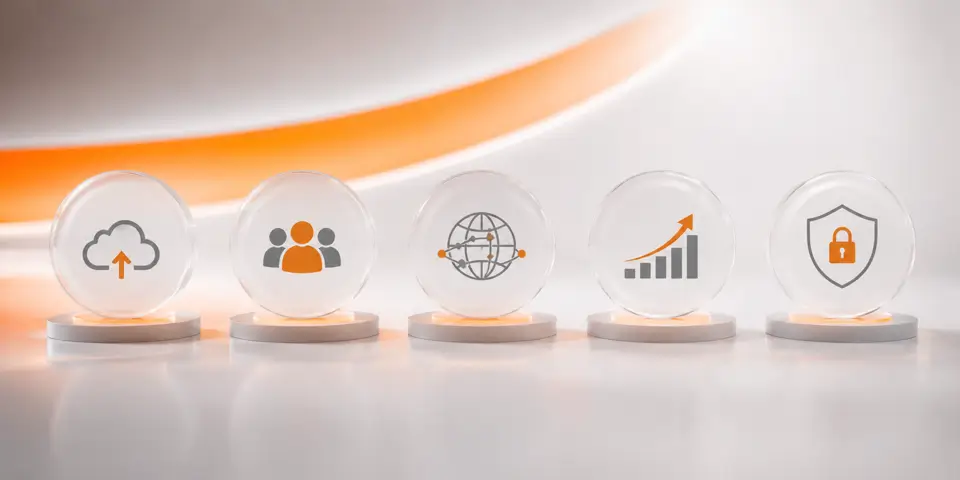 Minimal technology icons representing cloud computing analytics cybersecurity and IT growth trends
