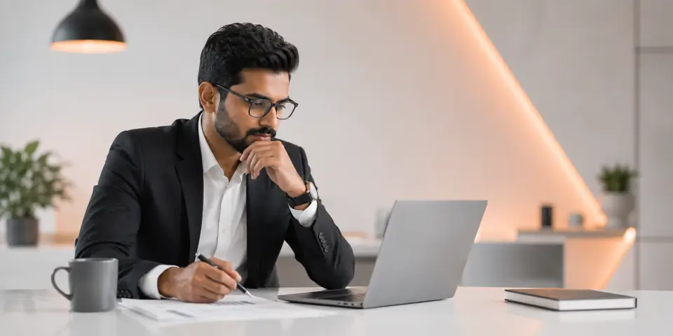 Business consultant evaluating in-house IT and managed IT strategies in a modern office