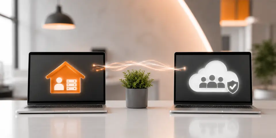 Modern workspace with laptops representing in-house IT and managed IT consulting systems