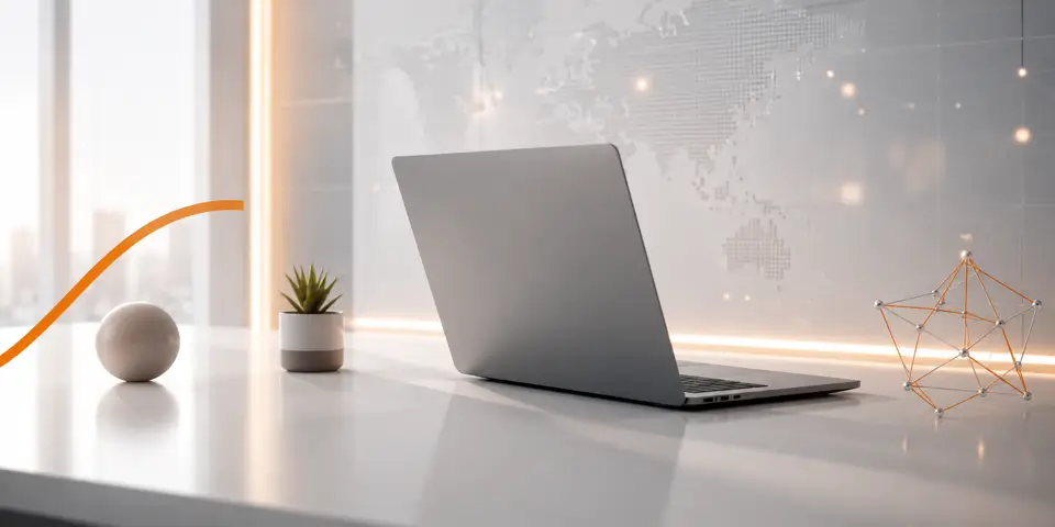 Modern consulting workspace with futuristic IT laptop setup and innovation visuals