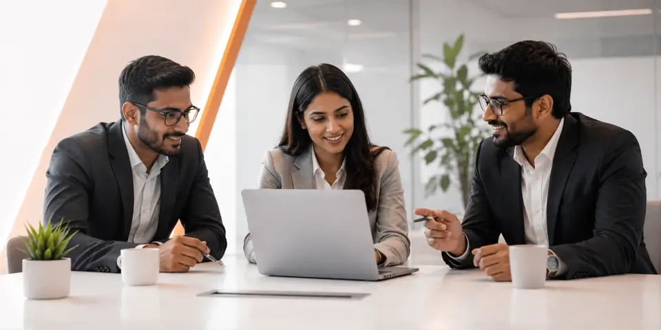 Consulting professionals collaborating on future IT solutions in a modern office