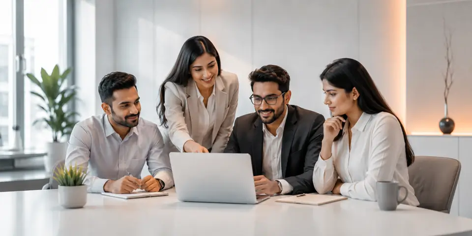 Consulting team collaborating on scalable IT strategies in modern office
