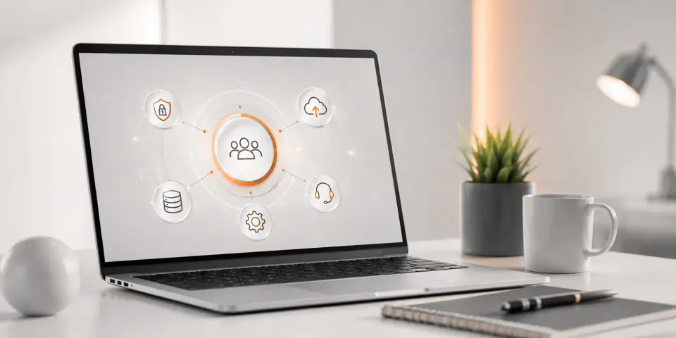 Modern consulting workspace with laptop displaying scalable IT solutions
