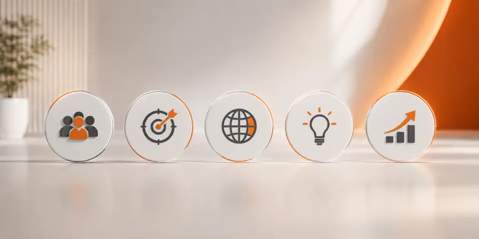 Minimal abstract icons representing website design, user experience, engagement, and growth