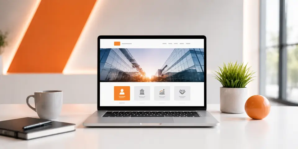 Modern laptop workspace displaying professional corporate website design concepts
