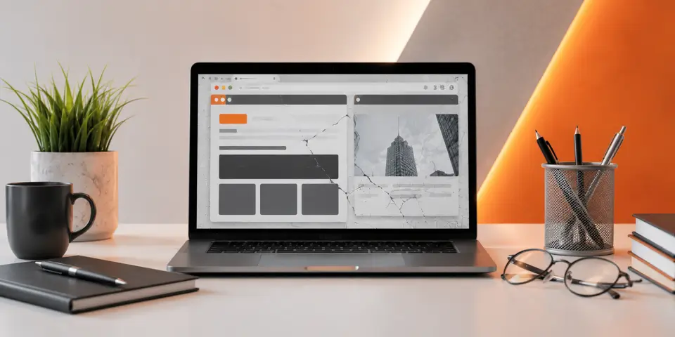 Modern workspace with laptop displaying outdated corporate website interface