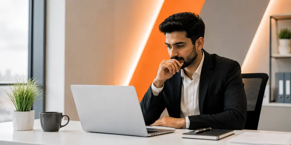 Business professional reviewing outdated website design with concern