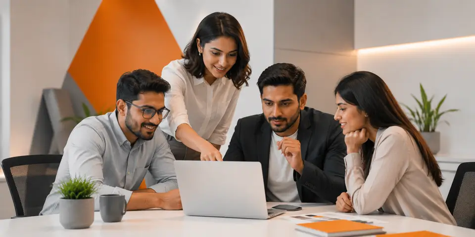 Creative corporate team collaborating on modern website design and digital innovation