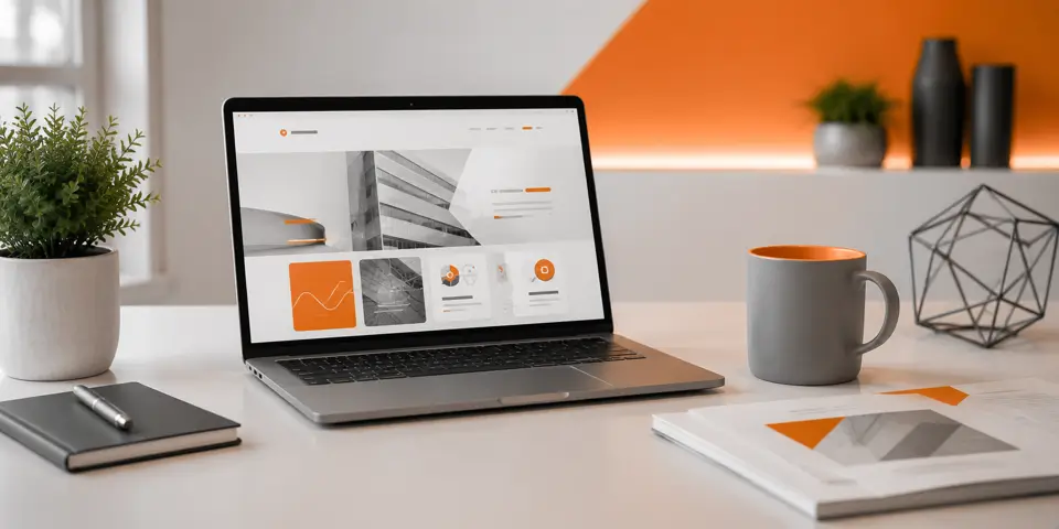 Modern laptop displaying contemporary corporate website design trends in a clean workspace
