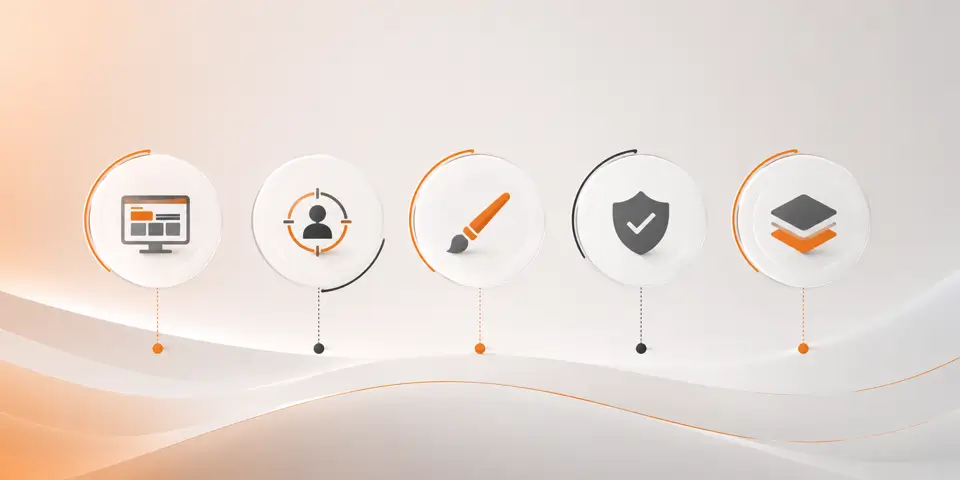 Minimal abstract icons representing modern web design, UX, branding, security, and digital innovation