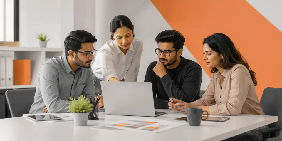 Corporate web design team collaborating on future digital experiences and website innovation