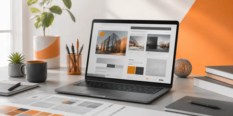 Modern laptop displaying future-ready corporate website interface in a professional workspace