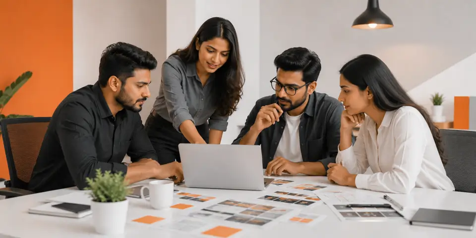 Corporate web design team collaborating on website strategy and user experience improvements