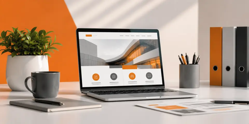 Professional workspace with laptop displaying modern corporate website interface and web design elements