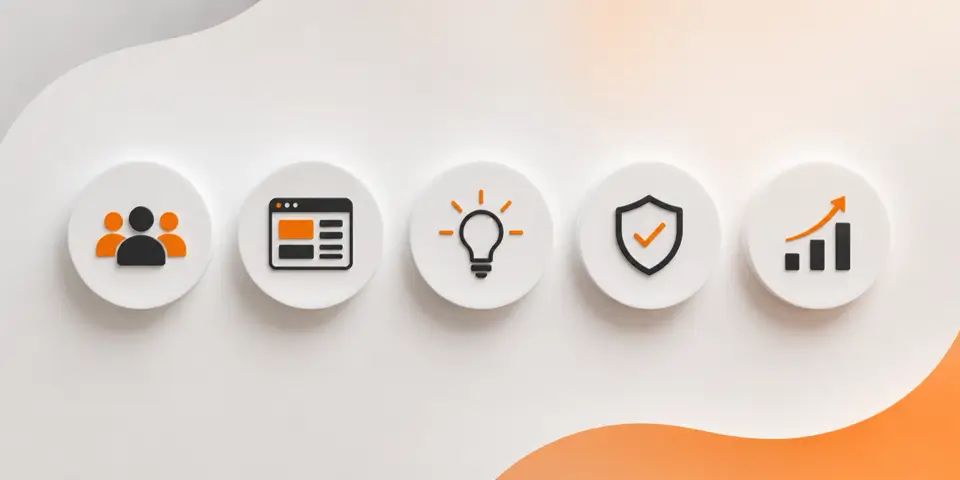 Minimal abstract icons representing website design, branding, security, innovation, and business growth