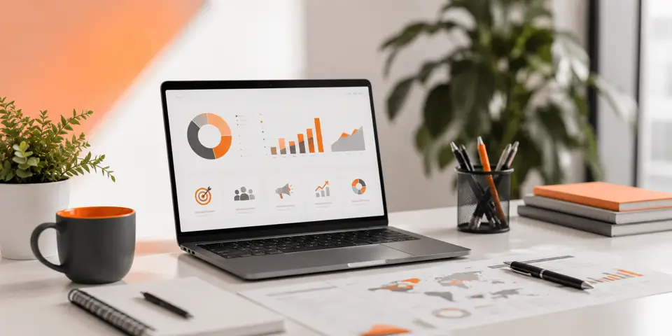 Modern laptop displaying digital marketing dashboard in a professional corporate workspace