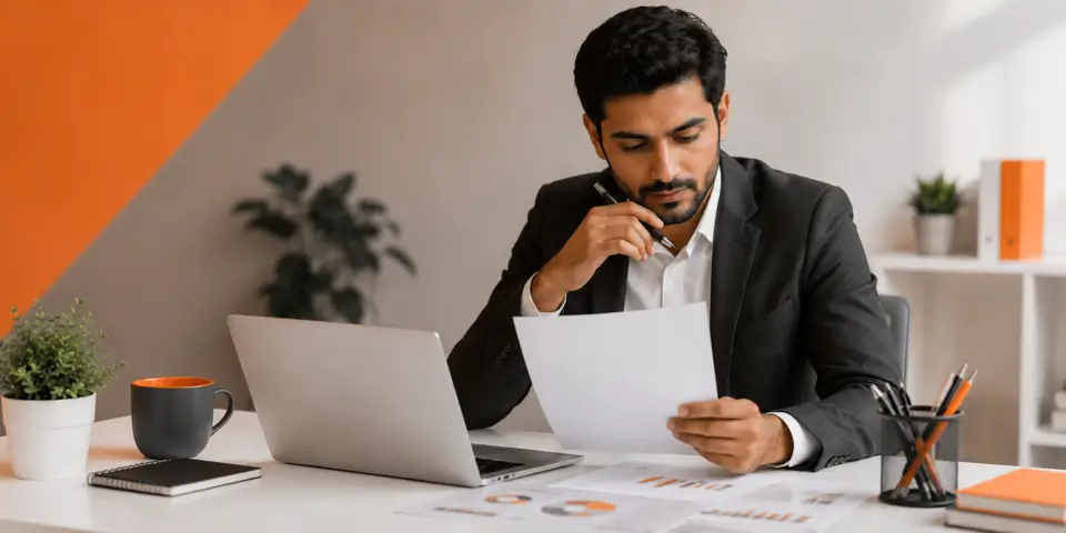 Corporate marketing strategist reviewing campaign reports and planning business growth