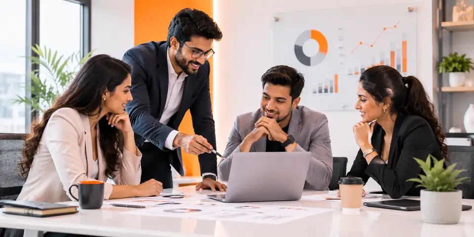 Corporate marketing team collaborating on digital marketing campaigns and business growth strategies