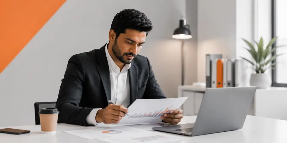 Marketing strategist analyzing business performance reports to drive corporate growth