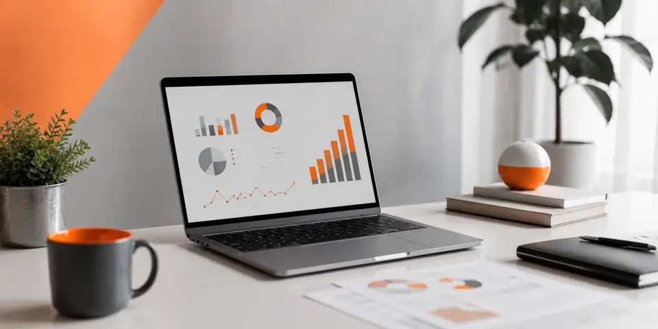 Modern workspace with laptop displaying business analytics and digital marketing performance dashboard