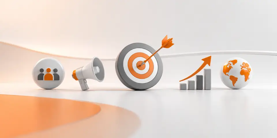 Minimal abstract icons representing audience growth, marketing strategy, business success, and global reach