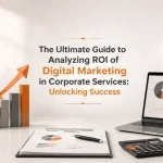 Corporate professionals analyzing digital marketing ROI with business performance dashboards and analytics