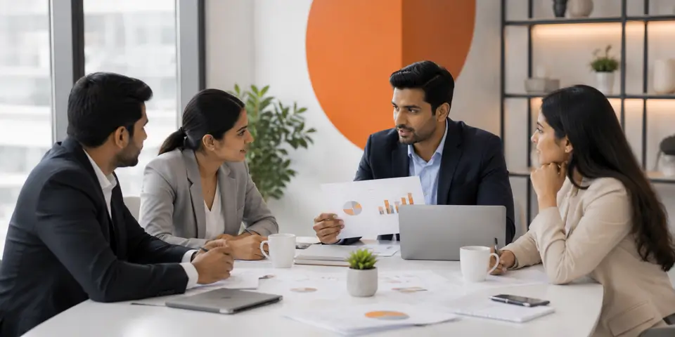 Corporate marketing team collaborating on digital marketing ROI analysis and business growth strategies