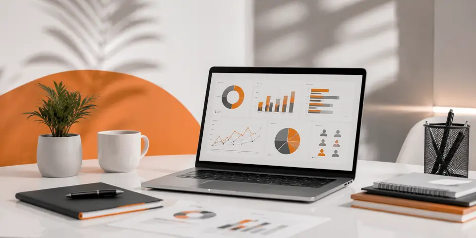 Modern laptop displaying digital marketing ROI dashboard and business analytics in a professional workspace