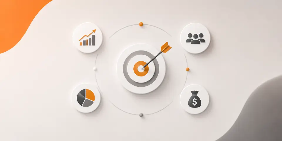 Minimal abstract icons representing ROI analysis, business growth, audience, finance, and marketing performance