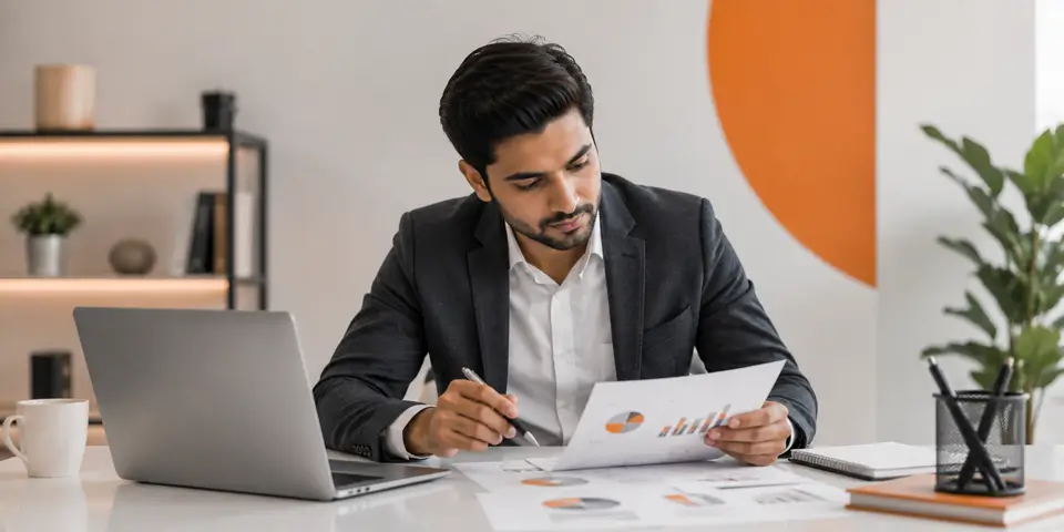 Corporate marketing analyst reviewing ROI reports and campaign performance data