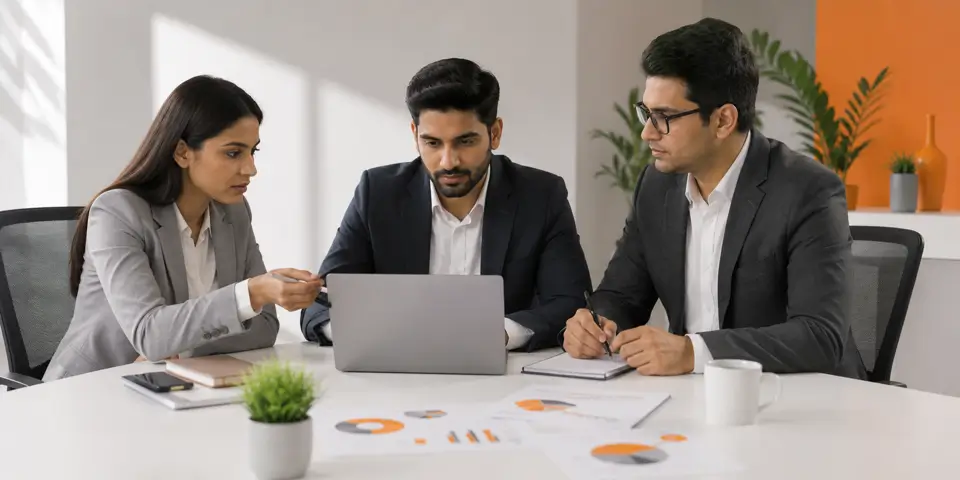 Corporate marketing team collaborating on SEO strategy and website optimization for business growth