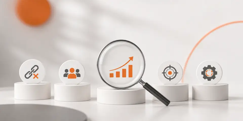 Minimal abstract icons representing SEO, search visibility, audience targeting, optimization, and business growth