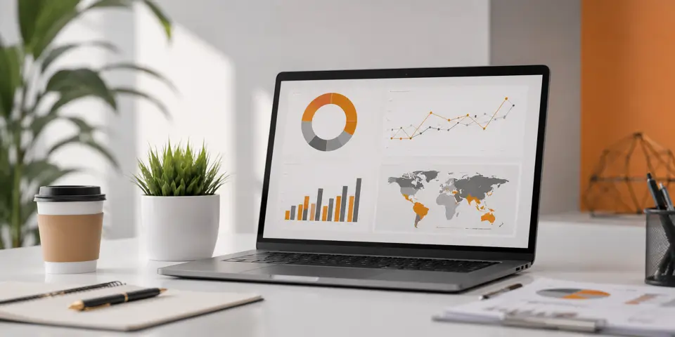 Modern laptop displaying SEO analytics dashboard in a clean corporate workspace