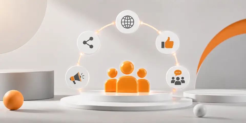 Minimal abstract icons representing social media engagement, networking, audience growth, communication, and brand visibility