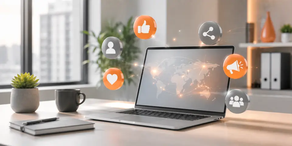 Modern laptop displaying social media marketing dashboard with engagement analytics and global connections