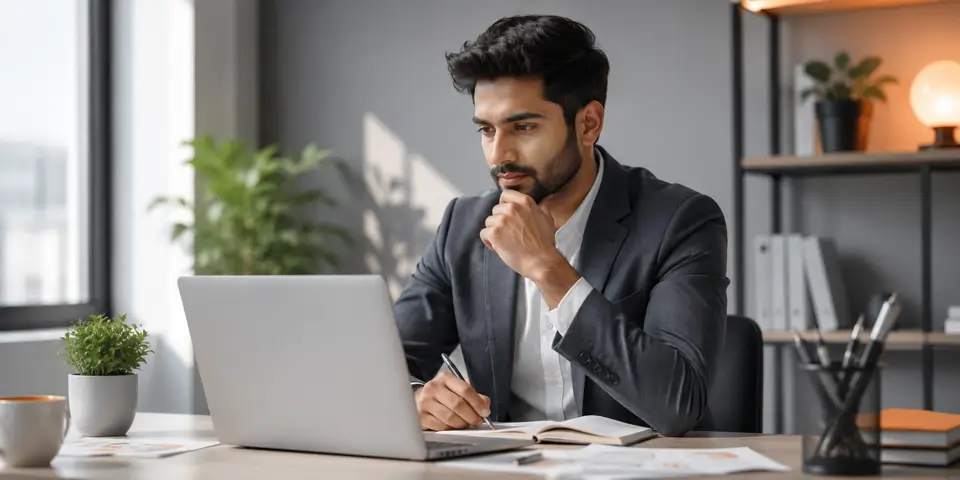 Corporate digital marketing professional analyzing PPC and email marketing strategies