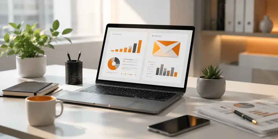 Modern laptop displaying PPC campaign analytics and email marketing performance dashboard in a corporate workspace