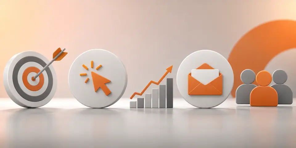 Minimal abstract icons representing PPC advertising, email marketing, audience targeting, conversions, and business growth