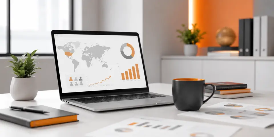 Modern laptop displaying digital marketing analytics dashboard in a professional corporate workspace