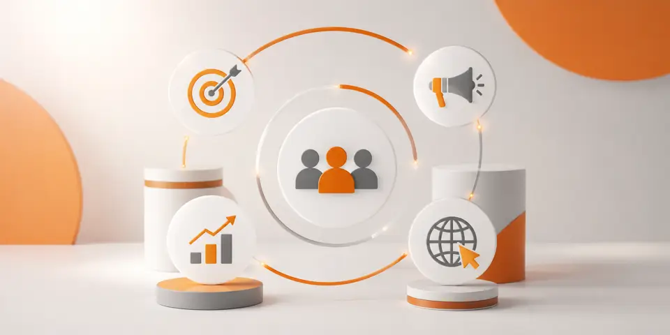 Minimal abstract icons representing digital marketing, audience engagement, analytics, online growth, and global reach