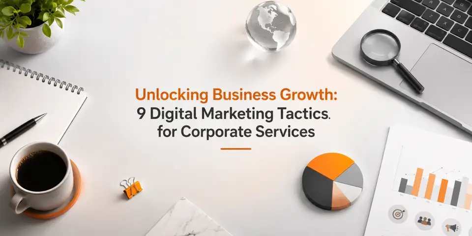 Corporate digital marketing strategy workspace illustrating business growth for corporate service firms