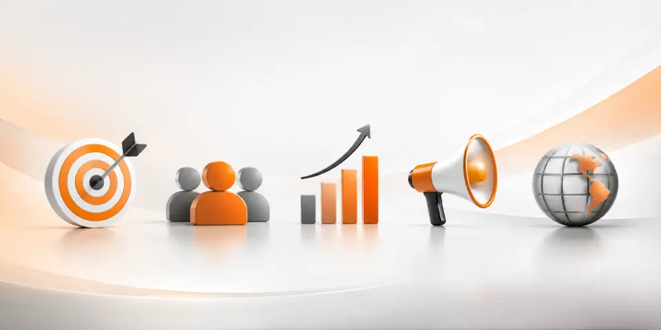 Minimal abstract icons representing digital marketing, audience targeting, brand awareness, analytics, and business growth